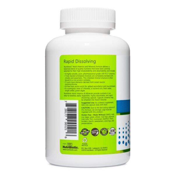 Etiqueta frontal del multivitamínico NutriBiotic 180 cápsulas