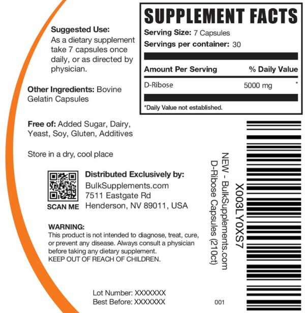 Etiqueta nutricional cápsulas D-Ribosa BulkSupplements 210 pz