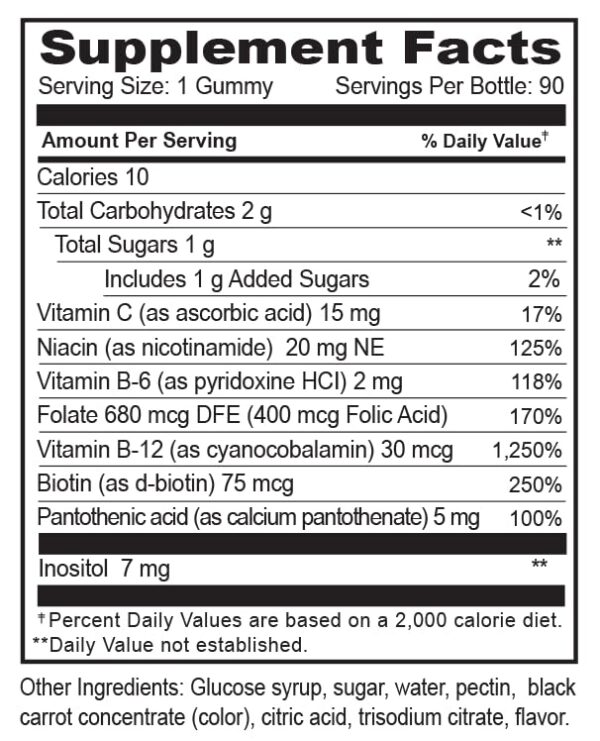 Etiqueta nutricional gomitas YumVs complejo vitamina B con vitamina C