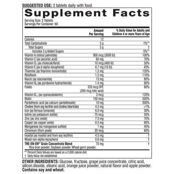 Etiqueta nutricional y lista de vitaminas