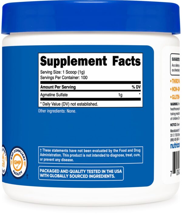 Etiqueta del suplemento Nutricost Agmatina 100 gramos