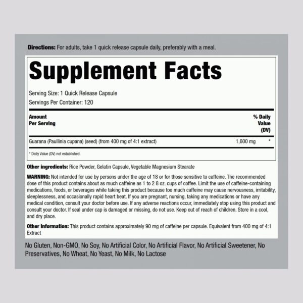 Etiqueta frontal de Piping Rock Guaraná cápsulas 120 count