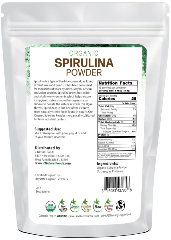 Version 1.0.0 Etiqueta del producto polvo de espirulina orgánica Z Natural Foods