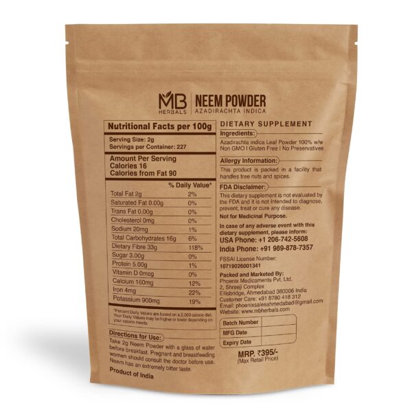 Etiqueta del polvo de hoja de neem MB Herbals