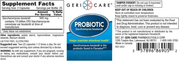 Etiqueta probiótico GeriCare reparación intestinal y alivio diarrea