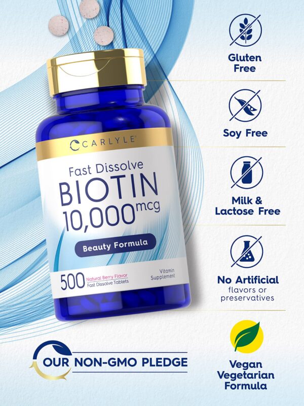 Etiqueta de producto biotina 10,000 mcg Carlyle 500 tabletas
