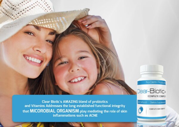 Etiqueta de producto Clear-Biotic vitaminas y probióticos para cuidado de acné