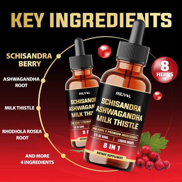 Etiqueta producto gotas líquidas MILIVOL 8 hierbas adaptógenas