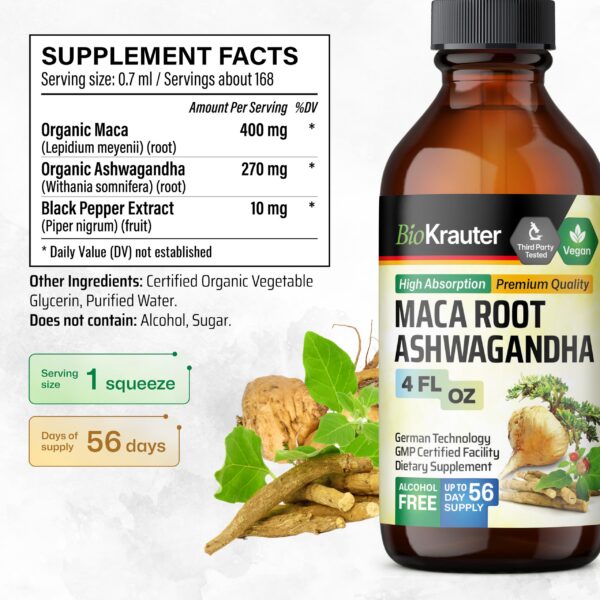 Etiqueta del producto maca y ashwagandha BIO KRAUTER en botella