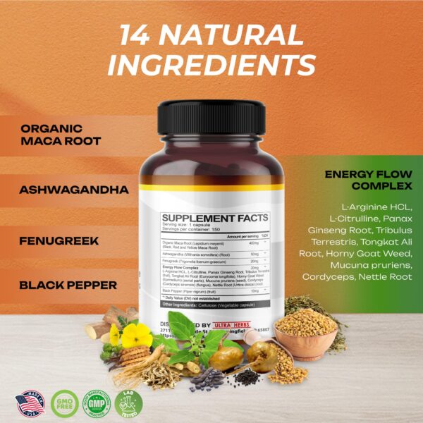 Etiqueta producto Maca Peruana Ultra Herbs 150 cápsulas