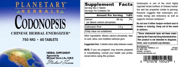 Version 1.0.0 Etiqueta producto Planetary Herbals Codonopsis tabletas 750mg