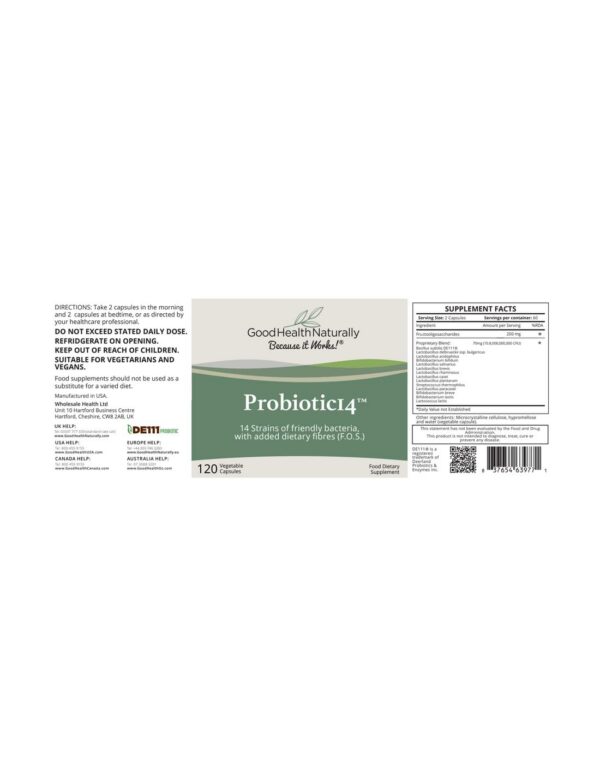 Etiqueta producto suplemento Probióticos 14 120 cápsulas