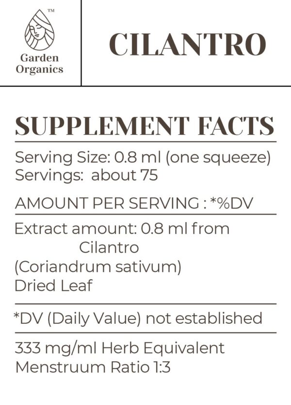 Etiqueta producto tintura sin alcohol de cilantro Garden Organics