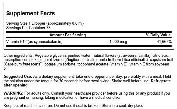 Etiqueta producto vitamina B12 líquida Swanson