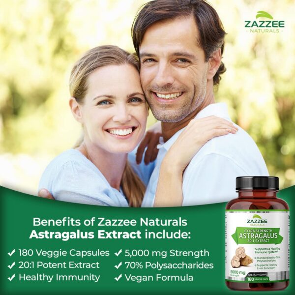 Etiqueta frontal del producto Zazzee extracto extra fuerte Astrágalo y Albahaca