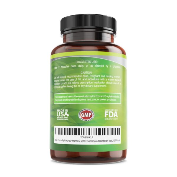 Etiqueta suplemento Pure By Nature D-Mannose con arándano y diente de león