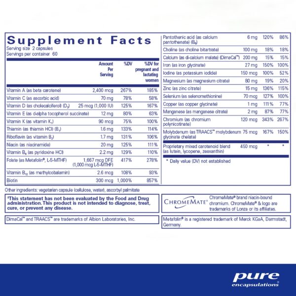 Etiqueta Pure Encapsulations nutrientes prenatales 120 cápsulas