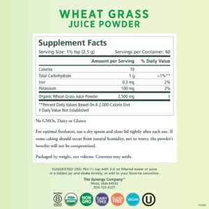 Etiqueta frontal de Pure Synergy polvo jugo verde orgánico