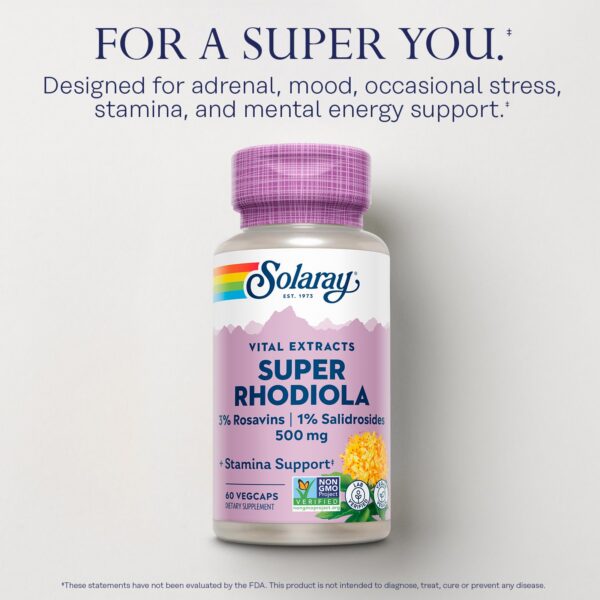 Etiqueta Solaray Rhodiola 500mg extracto raíz suplemento natural