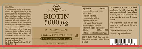 Etiqueta Solgar Biotina 5000 mcg para piel, uñas y cabello