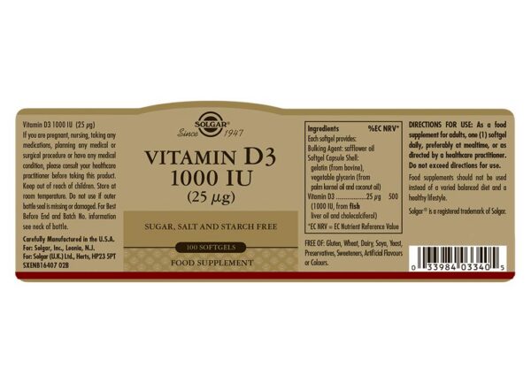 Version 1.0.0 Detalle de etiqueta Solgar Vitamin D3 para salud ósea e inmune