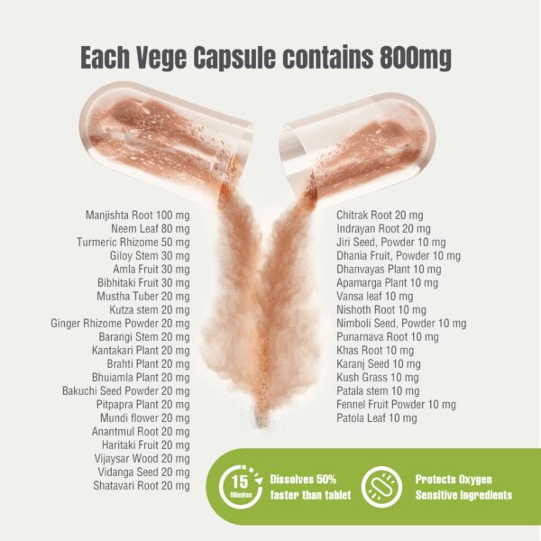 Etiqueta frontal suplemento ayurvédico para piel y detox