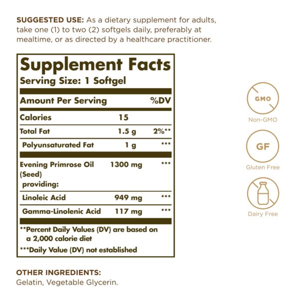 Etiqueta suplemento aceite onagra solgar sin gluten y non gmo