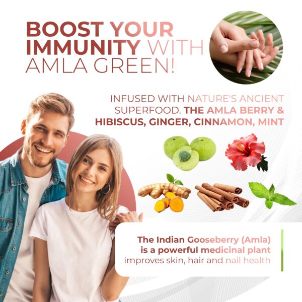 Etiqueta suplemento Amla Green 20x concentrado con beneficios