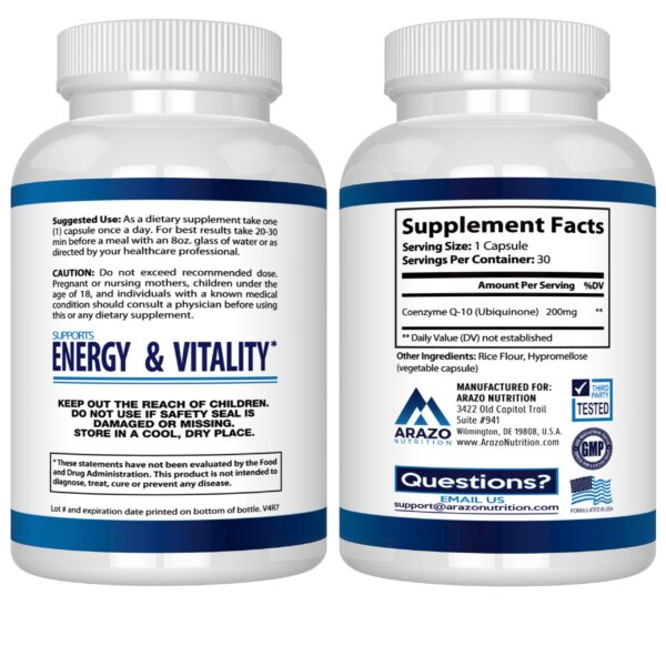 Version 1.0.0 Etiqueta de suplemento Arazo Nutrition CoQ10 200 mg