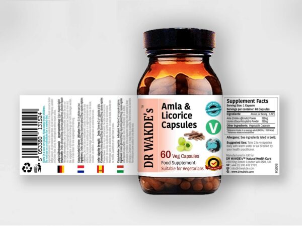Etiqueta suplemento herbal ayurvédico amla y regaliz
