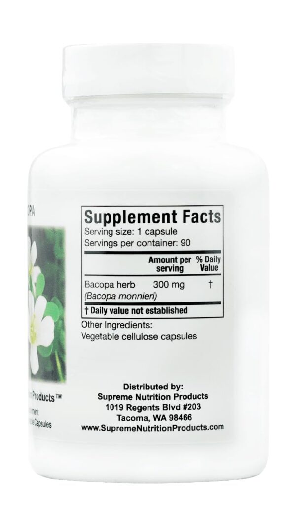 Etiqueta frontal de suplemento Bacopa pura 90 cápsulas x2 Supreme Nutrition