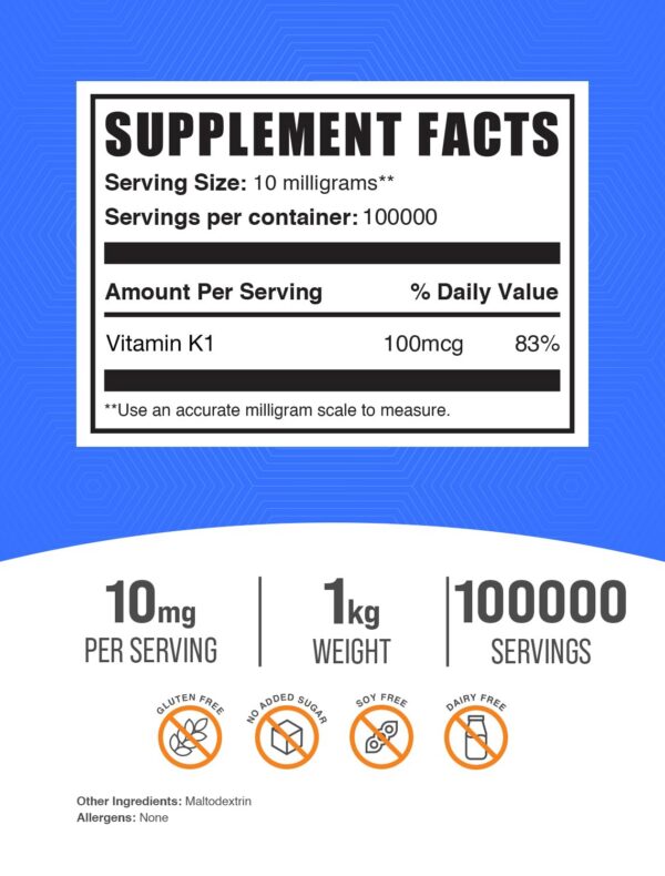 Version 1.0.0 Etiqueta suplemento BulkSupplements vitamina K1 para corazón y huesos