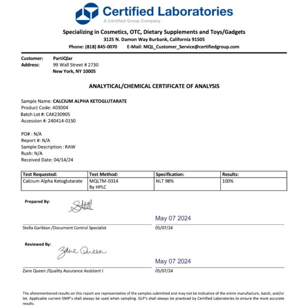 Etiqueta suplemento Ca AKG PartiQlar para energía y envejecimiento