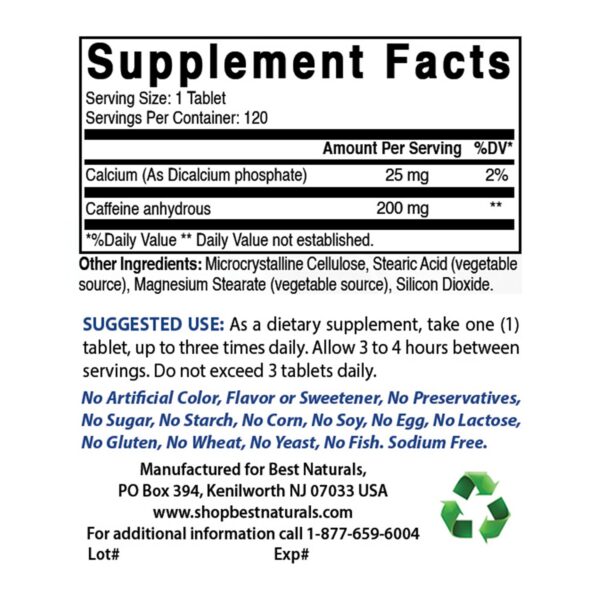 Etiqueta suplemento cafeína Best Naturals 200mg