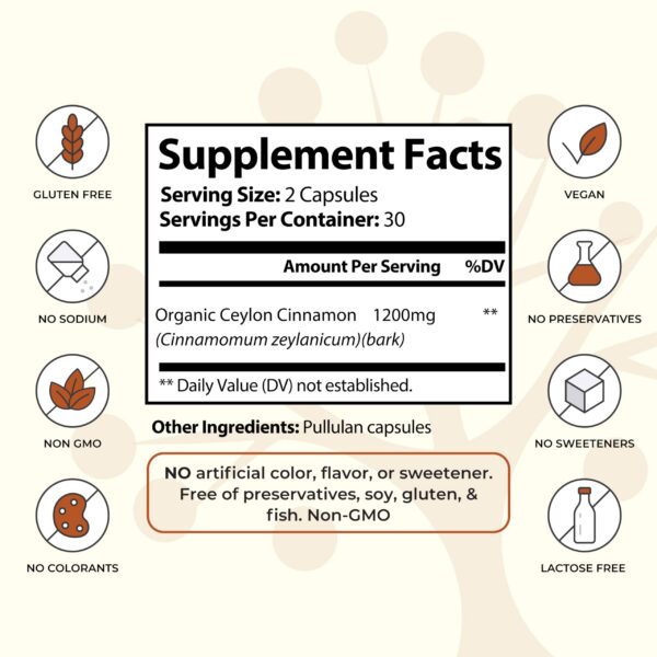 Version 1.0.0 Etiqueta y detalles de suplemento canela Ceilán 60 cápsulas