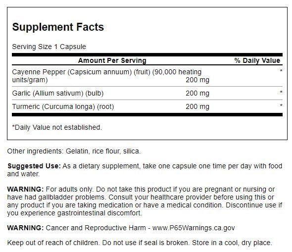 Etiqueta suplemento cardiovascular Swanson con cúrcuma ajo cayena