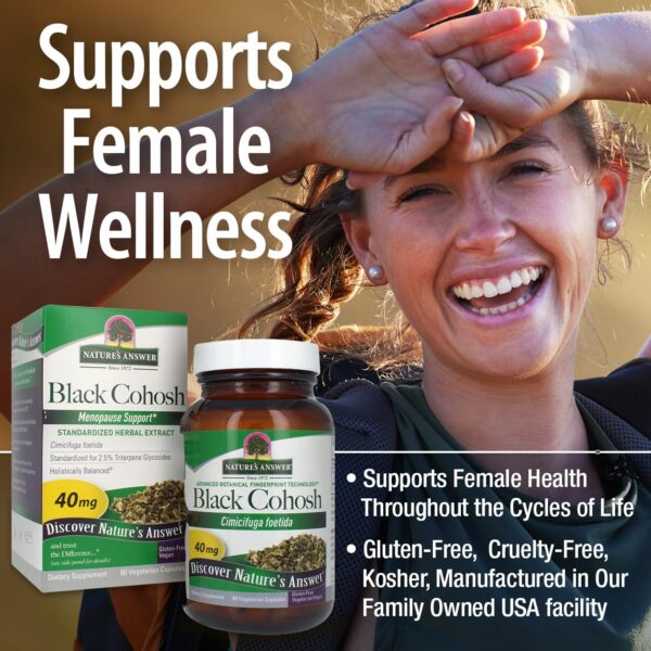 Etiqueta frontal suplemento Cohosh negro mujeres Nature's Answer