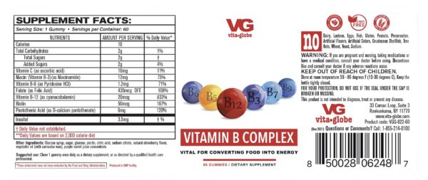 Etiqueta suplemento Complejo B VITA GLOBE frasco gominolas