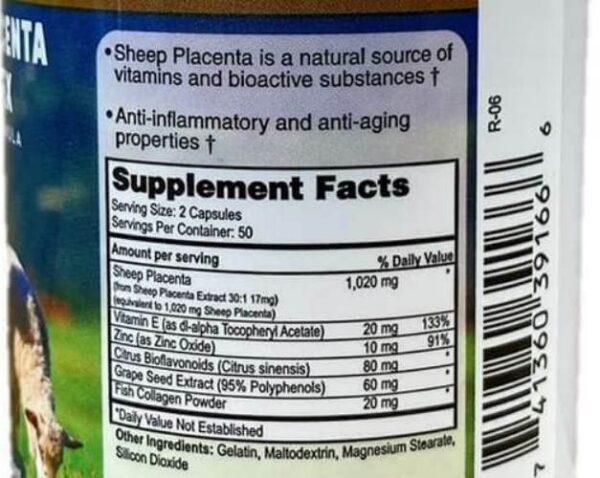 Etiqueta suplemento Complejo Placenta de Oveja Nu Health