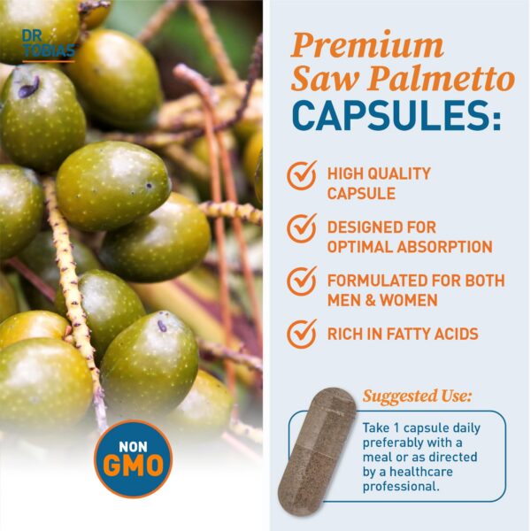 Etiqueta trasera suplemento Dr. Tobias Saw Palmetto 500mg