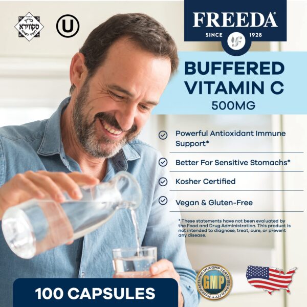 Etiqueta suplemento FREEDA Vitamina C búfer 500mg para inmunidad
