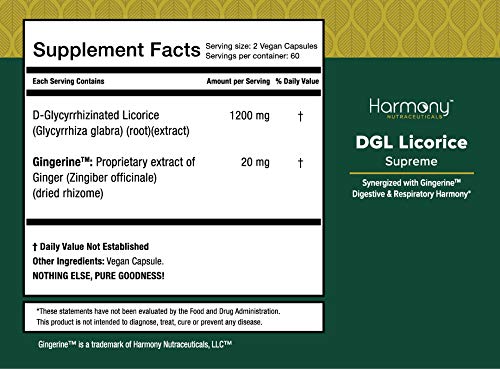 Etiqueta suplemento Harmony Nutraceuticals Regaliz DGL 120 cápsulas