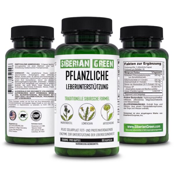 Etiqueta frontal suplemento herbal Siberian Green para hígado