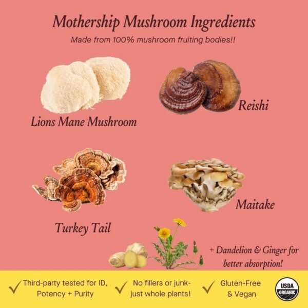 Etiqueta de suplemento de hongos mostrando certificaciones