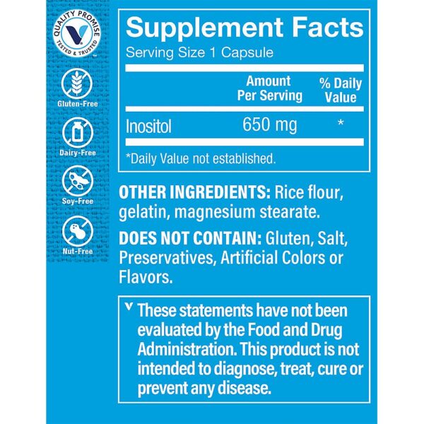 Etiqueta de suplemento Inositol 650mg para función celular