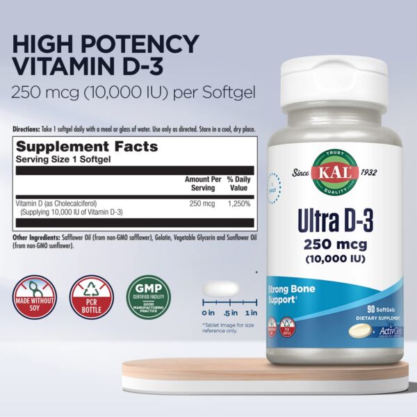 Etiqueta del suplemento KAL Ultra Vitamina D3 10000 IU