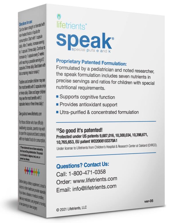 Etiqueta del suplemento Lifetrients Speak para niños