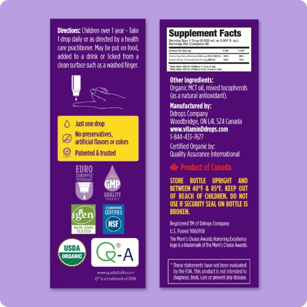 Etiqueta suplemento líquido orgánico Ddrops niños