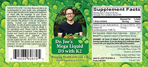 Etiqueta suplemento líquido vitamina D3 y K2 Dr Joe's