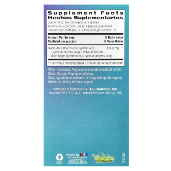 Etiqueta suplemento Maca Negra Bio Nutrition de Perú